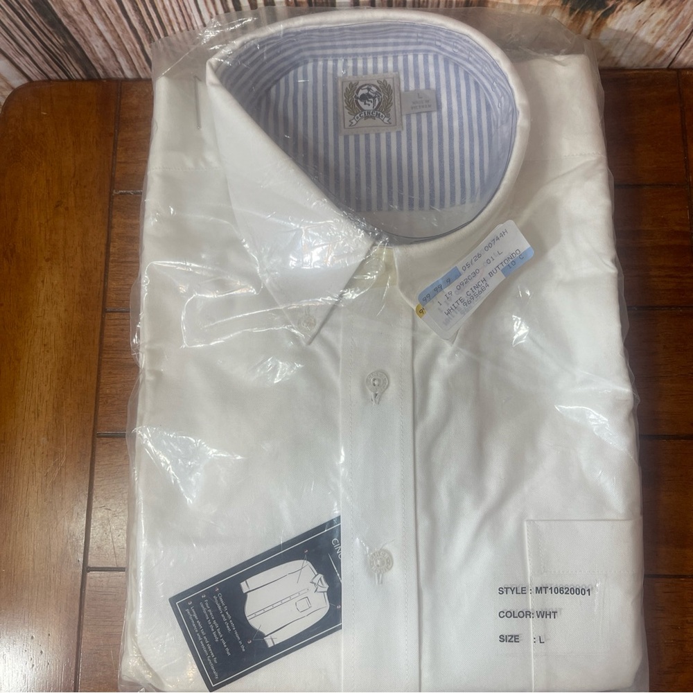 Cinch Men Button Up Shirt L White Dress Pockets Long Sleeve Collar NWT